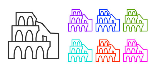 Naklejka premium Black line Coliseum in Rome, Italy icon isolated on white background. Colosseum sign. Symbol of Ancient Rome, gladiator fights. Set icons colorful. Vector.