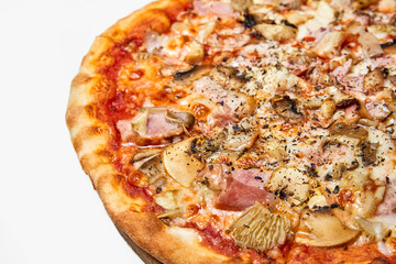 Fresh pizza with bacon, mushrooms and cheese on a light background. Close-up, selective focus