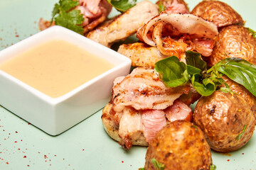 Pork in bacon with baked potatoes on a blue plate. Close-up, selective focus.