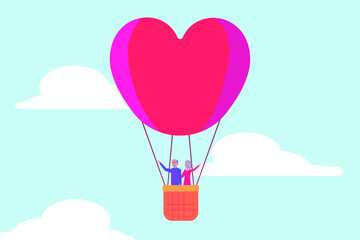 Happy senior couple wearing face mask and flying with air balloon shaped heart. Valentine day vector concept