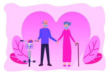 Happy senior couple in face mask holding hands together and also holding bicycle and stick with heart shape background