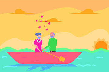 Obraz na płótnie Canvas Happy senior couple in face mask riding boat together with heart shape symbol. Valentine day vector concept