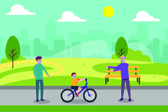 Three generations family in new normal vector concept: Little boy learning to ride bicycle with his father and grandfather in the park while wearing face mask