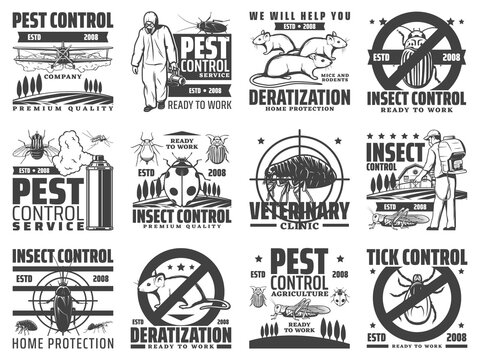 Pest control service, rodents and insects extermination icons. Deratization, insects extermination and agricultural pest control with pesticide dusting, veterinary clinic and tick danger vector emblem