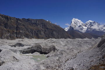 Ngozumpa glacier (longest Himalayan glacier). Stone covered glacier.