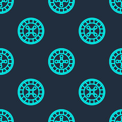 Green line Casino roulette wheel icon isolated seamless pattern on blue background. Vector.