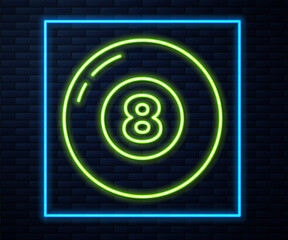 Glowing neon line Billiard pool snooker ball icon isolated on brick wall background. Vector.