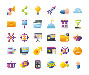 digital marketing icons set, seo analytics business strategy promotion