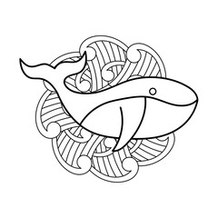 Coloring book. Whale, waves, fantastic patterns.. Coloring pages , Hand drawn illustrations