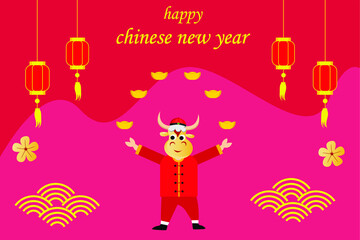 Happy Chinese New Year with cow in cheongsam clothes juggling with gold. Chinese New Year greeting card vector concept