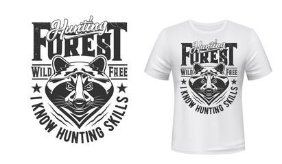 Raccoon hunt t-shirt print mockup hunting club emblem, vector wild animal head. Racoon or raccoon forest hunt, Wild and Free quote for hunter club sign badge and t shirt print © Vector Tradition