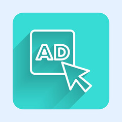 White line Advertising icon isolated with long shadow. Concept of marketing and promotion process. Responsive ads. Social media advertising. Green square button. Vector.