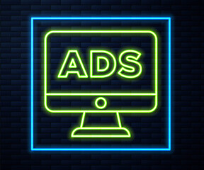 Glowing neon line Advertising icon isolated on brick wall background. Concept of marketing and promotion process. Responsive ads. Social media advertising. Vector.