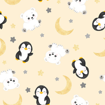 pattern for baby blanket cute animal penguin polar bear stars and moon with golden texture