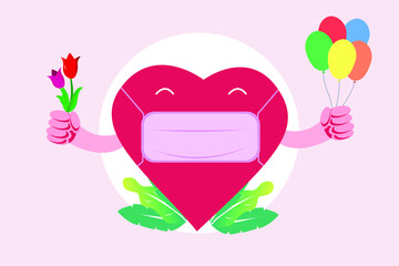 Valentines day vector concept. Heart wearing face mask while holding flowers and balloon