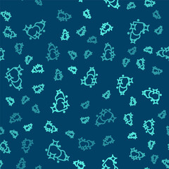 Green line Two Linked Hearts icon isolated seamless pattern on blue background. Romantic symbol linked, join, passion and wedding. Valentine day symbol. Vector.