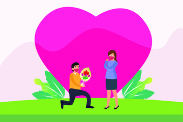 Valentines day vector concept. Man in face mask giving flowers to his girlfriend with heart symbol background