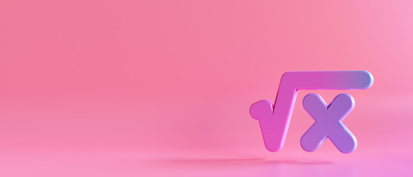 Gradient square root x on pink background. 3d render illustration. Mathematical education concept.