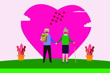 Valentine day vector concept: Senior couple celebrating valentine day while wearing face mask together