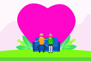 Valentine day vector concept: Senior couple sitting together on the sofa while enjoying valentine day together