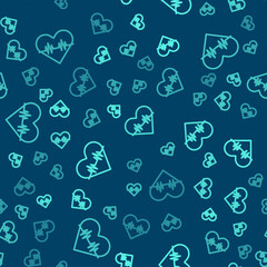 Green line Heart rate icon isolated seamless pattern on blue background. Heartbeat sign. Heart pulse icon. Cardiogram icon. Vector.