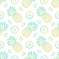 Vector gradient tropical seamless pattern background  with whole pineapples and pineapple slices.