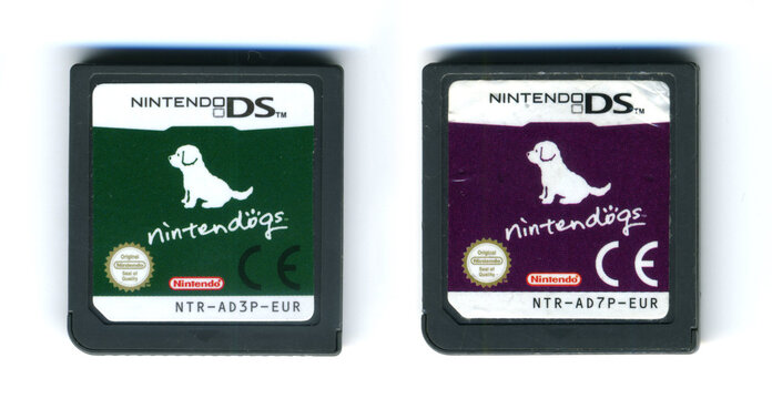 London, England, 26/05/20202 Nintendogs nintendo ds video games cartridge isolated on a white background. Vintage retro video racing gaming.