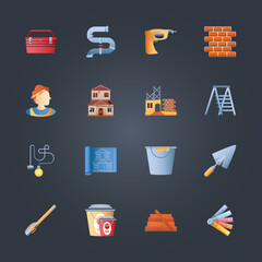 home remodeling toolbox drill bricks ladder blueprint trowel bucket pack icons black background
