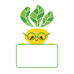 Cute cartoon style smiling yellow turnip character holding blank, empty card or banner in hands.