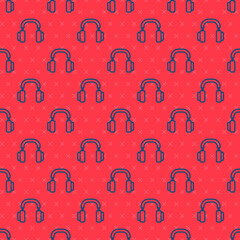 Blue line Headphones icon isolated seamless pattern on red background. Earphones. Concept for listening to music, service, communication and operator. Vector.