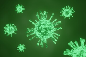 3d rendering of the corona virus covid19 cell seen micro. Virus floating in a cellular environment , coronaviruses influenza background