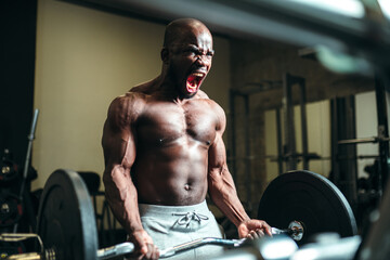 Fototapeta na wymiar A guy with a pumped-up body stands in the gym and strenuously performs an exercise with a barbell