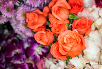 Close-up of a mixed bouquet of roses,summer flowers background.