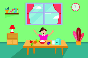 Diet vector concept: Young woman preparing healthy food at home while sitting with fruits and vegetables