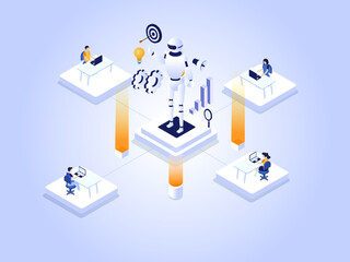 Business leader isometric vector concepts. Business leader working with laptop and connecting to his worker