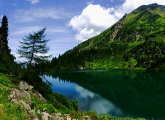 Naklejka na ściany i meble mountain lake between mountains with trees and rocks