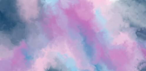 Abstract heavenly watercolor background in blue, purple and pink colors. Copy space, horizontal banner.