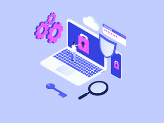 Internet security isometric vector concept. Man opens locked laptop screen by pressing padlock button