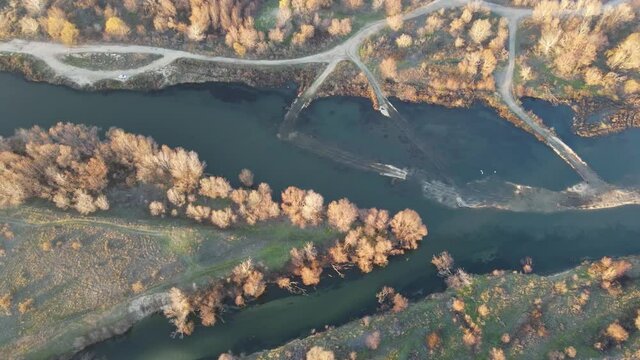 Aerial view of Vacha River, pouring into the Maritsa River near city of Plovdiv, Bulgaria