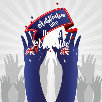 australia day raised hand blue with australian flag and confetti celebration card