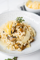 Risotto with porcini mushrooms and parmesan on a light background, selective focus