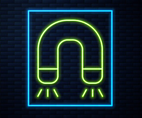 Glowing neon line Magnet icon isolated on brick wall background. Horseshoe magnet, magnetism, magnetize, attraction. Vector.