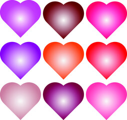 Set of red, pink, purple hearts with a gradient. Color transition from dark to light. Festive postcard. Festive decoration. St. Valentine's Day.