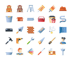 home remodeling icons set ladder brush roller paint color bucket tools saw hammer and more