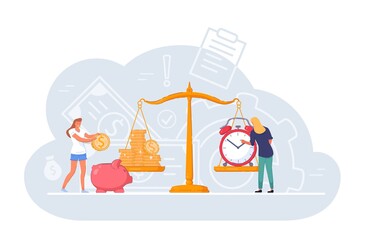 Scale weighing money saving, wealth and time balance. People weighing time and money coin stack to find balance, compare financial profit value, investment income and tense vector illustration