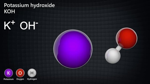 Potassium hydroxide is an inorganic compound with the formula KOH or HKO. It is commonly called caustic potash. 3D render. Seamless loop. Ball and Stick chemical structure model.