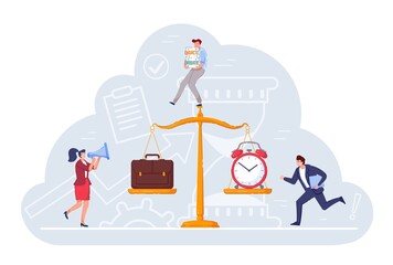 Office people team and work and time balance scale equality. Rushing businessman, exhausted employee worker, executive manager boss chief remind about deadline and time management vector illustration