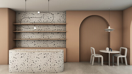 Reception design modern minimal,Granite stone counter reception,Back wall Shelf brown color,Waiting area,Wall decoration brown color,Concrete floor -3D render