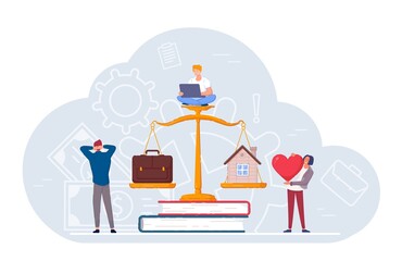 Good balance scale between home life and business priority. Business people and freelancer worker compare love and family with job and career weighting value on libra vector illustration