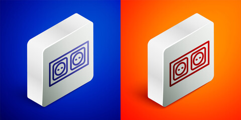 Isometric line Electrical outlet icon isolated on blue and orange background. Power socket. Rosette symbol. Silver square button. Vector.